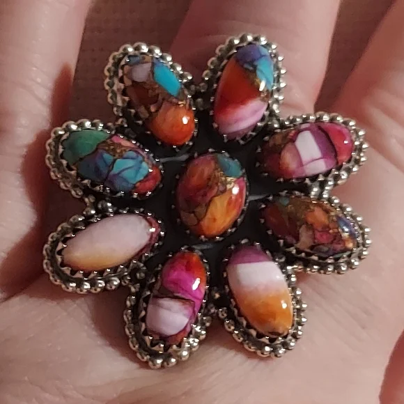 New Sterling Silver Large Flower Adjustable Ring in Pink Spiny Turquiose Dalia - Picture 2 of 8